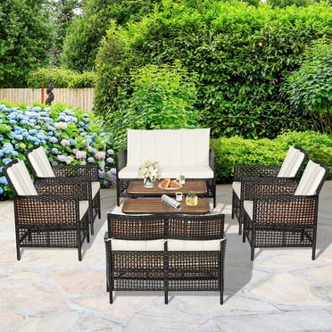Costway Ensemble de Mobilier de Patio en Rotin 8 Pcs Chaises Rembourrées Dessus de Table en Bois avec Tablette