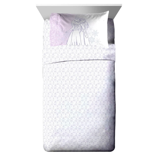 Frozen 'Winter Frost Adventures' Kids 3-Piece Twin Sheet Set made of 100% polyester includes fitted sheet, flat sheet, and pillowcase. The pillowcase features Anna and Elsa holding hands with snowflakes on a white and light purple background. The sheets display a repeating pattern of Anna and Elsa in soft purple hues, ideal for kids' bed sheets and children's bedding. Machine washable for easy care.
