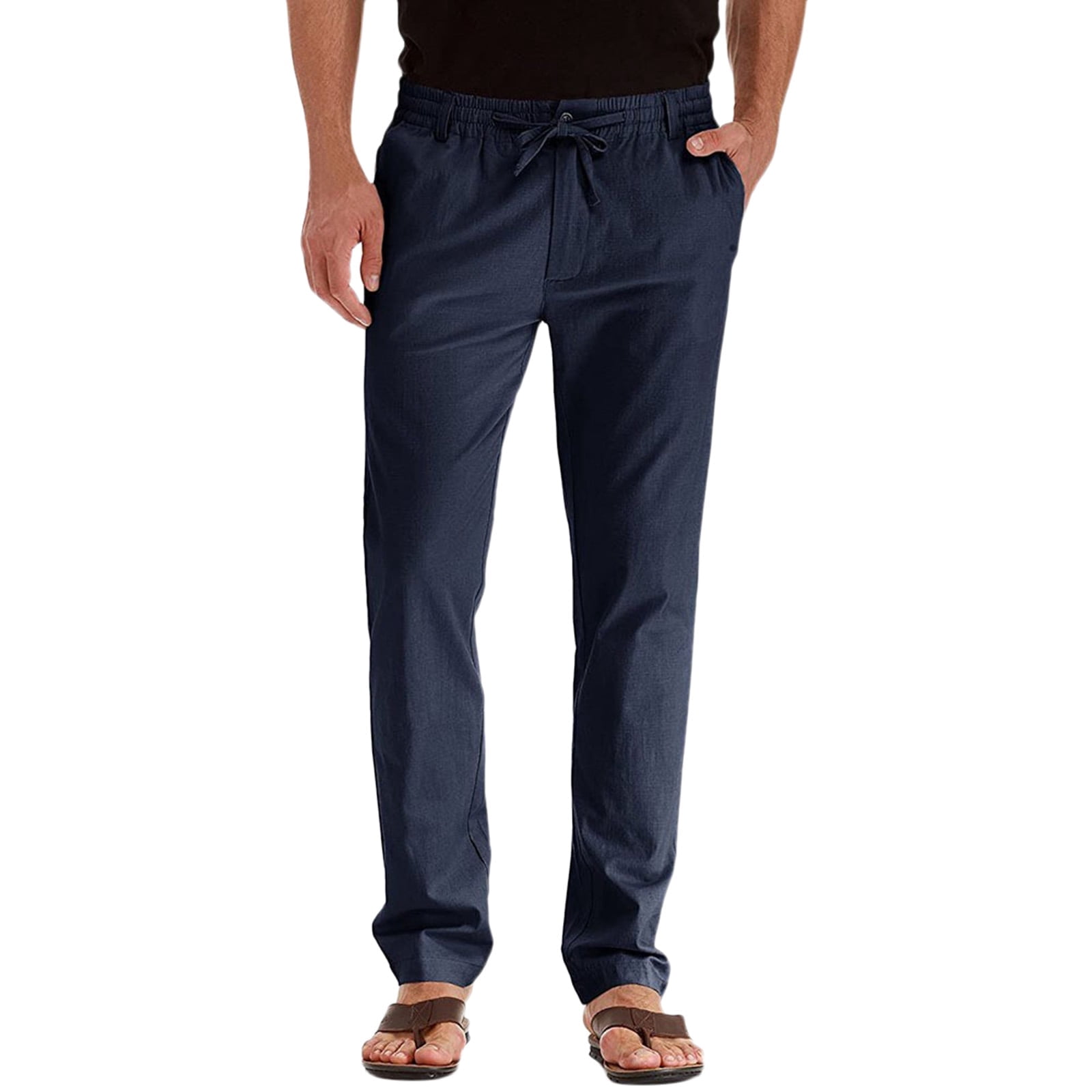 WEIYLL Pants for Men Casual Elastic Waist Adjustable Drawstring Navy Trousers Size L