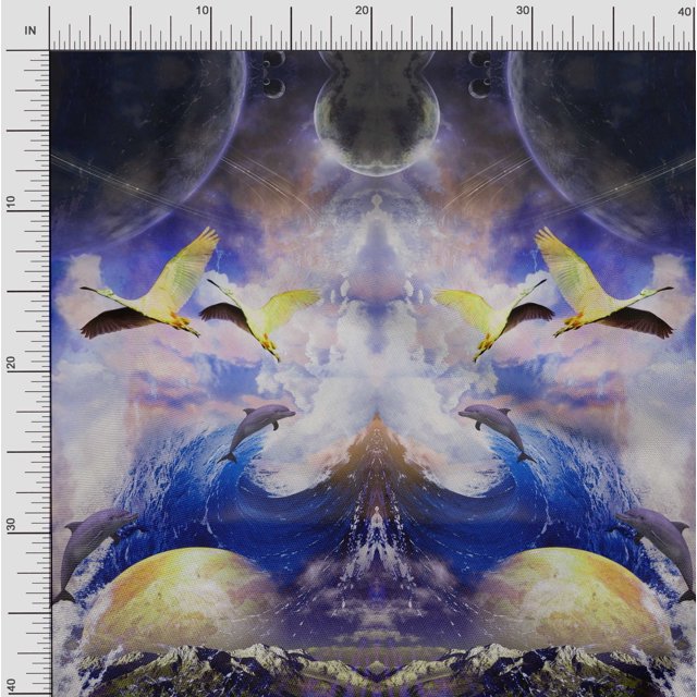 Soimoi Modal Satin Fabric Sea & Flying Bird Panel Printed Craft Fabric by The Yard 42 Inch Wide