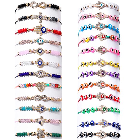 Lieonvis 24Pcs Evil Eye Bracelet Pack Mexican Bracelet Set Handmade Evil Eye Strand Bracelet Adjustable Good Luck Mal De Ojo Anklet Amulet Bangle Evil Eye Anklet Jewelry Gift for Women Girl