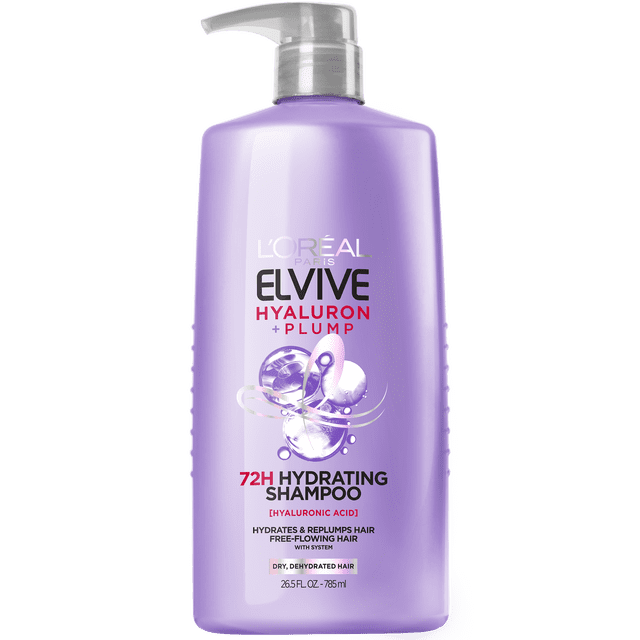L'Oréal Paris Elvive Hyaluron Plump 72H Hydrating Shampoo in a lavender plastic bottle with a clear pump dispenser, formulated with hyaluronic acid to hydrate and replump dry, dehydrated hair for moisture retention and free-flowing hair.