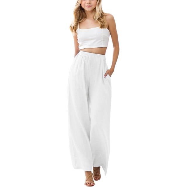 MIASHUI Girls Summer Loose Pants Solid Color Flower Wide Leg Beach Pants,White,6-7 Years