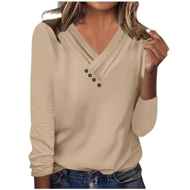 Timegard Womens Tops V-Neck Ruched Button Long Sleeve Solid Color Comfy Tee Dressy Casual Tunic Top