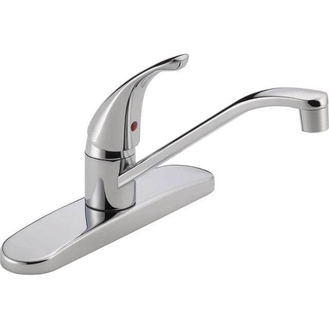 Peerless Single Handle Kitchen Faucet in Chrome with single lever control, 360-degree swivel spout, and 8-inch base plate for 3-hole sink installation, finished in polished chrome ideal for traditional kitchen renovations.