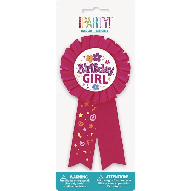 Birthday Girl Award Ribbon with a pleated magenta rosette and two tails decorated with colorful stars and confetti, featuring a white circular center with 'Birthday GIRL' text and flower illustrations, attached to white packaging labeled Unique Party Badge, suitable for party supplies and gift wrapping.