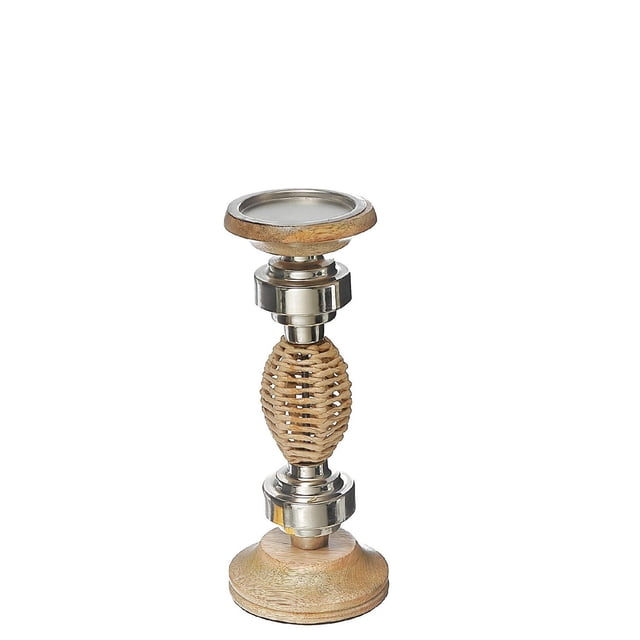 Chandelier Pilier en Raphia Ovale 11,25 Pouces Montrant une Vue de devant d'Un Grand Chandelier avec une base et un Dessus Ronds en Bois, un Centre Ovale Enveloppé de Raphia, et des accents Métalliques Polis en Brun Riche, Conçu pour les Petites Bougies Pilier et Convenant comme accent Décoratif Naturel.