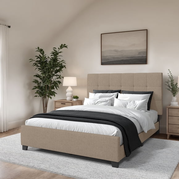 CorLiving Monroe Fabric Upholstered Platform Twin/Single Bed with Tufted Headboard and Wood Legs, No Box Spring Required, Warm Stone