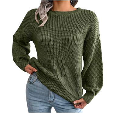 IROINID Women's Round Neckline Pullover Sweater Solid Color Loose Short Length Long Sleeve Casual Knit Sweater