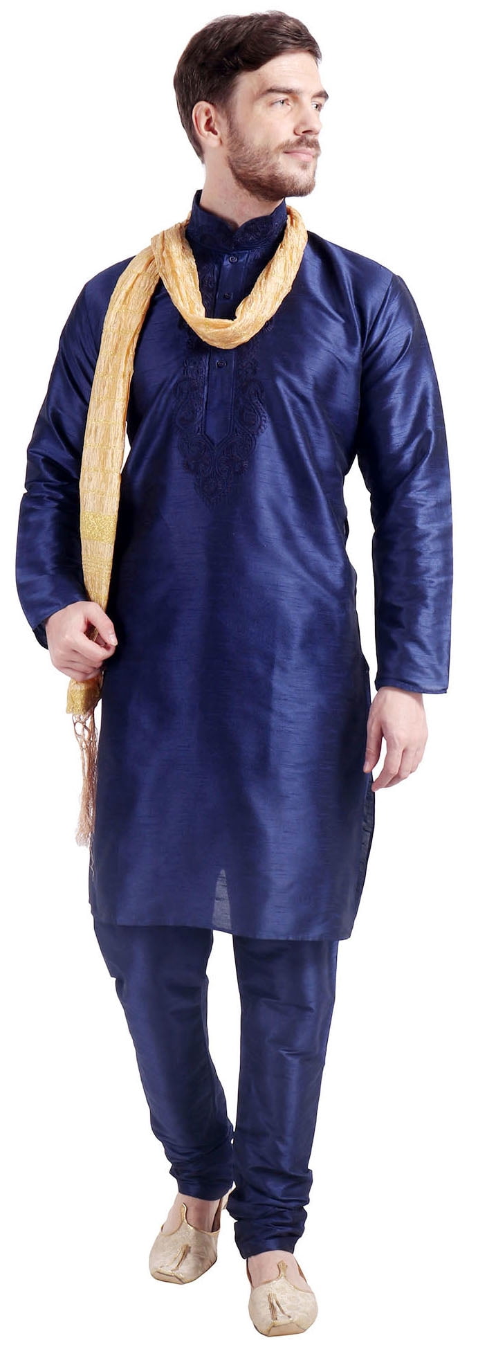 Ensemble Kurta Pyjama en Soie Artificielle pour Homme avec Foulard, Robe de Fête de Mariage Indienne (Bleu, M)