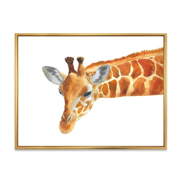 Designart Portrait d'Un Cadre Flottant Girafe IX ART Mural Représentant une Tête et un Cou de Girafe de Style Aquarelle avec des Patchs Bruns et orange sur Toile de Qualité Supérieure, Enveloppé et Tendu sur un sous-Cadre en Bois de 1 Po à l'Intérieur d'Un Cadre Flottant Doré, Prêt à Accrocher pour la Déco Murale de Style Ferme et les Amateurs de Photographie d'Animaux.