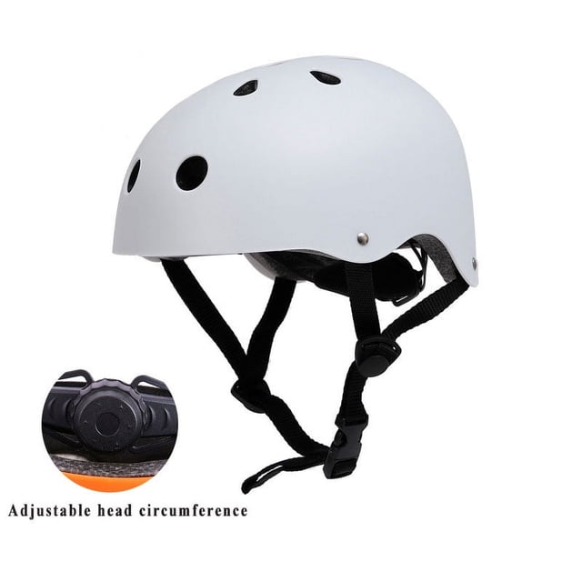 Casque Ajustable pour Enfants et Adultes, Conçu pour le Vélo, le Planche à Roulettes, l'Escalade, le Patinage à Roulettes et l'Utilisation en Trottinette. CE Casque Moulé d'Une Seule Pièce Est en Matériau ABS durable et Comprend 8 à 15 Évents pour la ventilation. Illustré en Blanc, Comprend des Sangles Ajustables et un Cadran de la Circonférence de la Tête pour un Ajustement Sécuritaire. Offert en Tailles P (48 à 56 cm), m (52 à 58 cm) et L (56 à 61 cm). Certifié CE pour la Sécurité