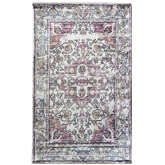 Home Décor Inc. Majestic Kaleen Indoor Area Rug – 60" x 84", featuring a soft, durable chenille blend with a vintage floral and geometric pattern in cream, mauve, beige, and blue tones, low pile height, and skid-resistant backing, ideal for living rooms, hallways, or as an accent rug.