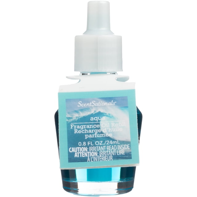 ScentSationals Scent Charm Oil - Bouteille de Recharge d'Huile Parfumée Aqua avec Bouchon Blanc Translucide et Étiquette Vague d'Océan Bleue, Contenant 0,8 fl oz (24 ml) d'Huile à Utiliser dans des Diffuseurs de Désodorisant pour Créer un Parfum Rafraîchissant avec Pomme Croustillante, Lilas Français et Bois Blond.