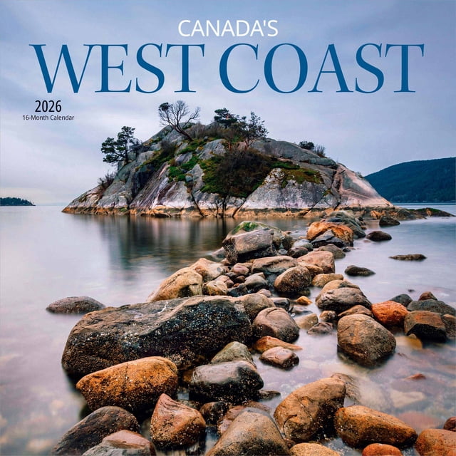 Canada’s West Coast 2026 Square Wyman wall calendar cover showing a rocky shoreline path leading to a small island with sparse trees, surrounded by calm water and cloudy sky, highlighting British Columbia’s rugged Pacific coast scenery.