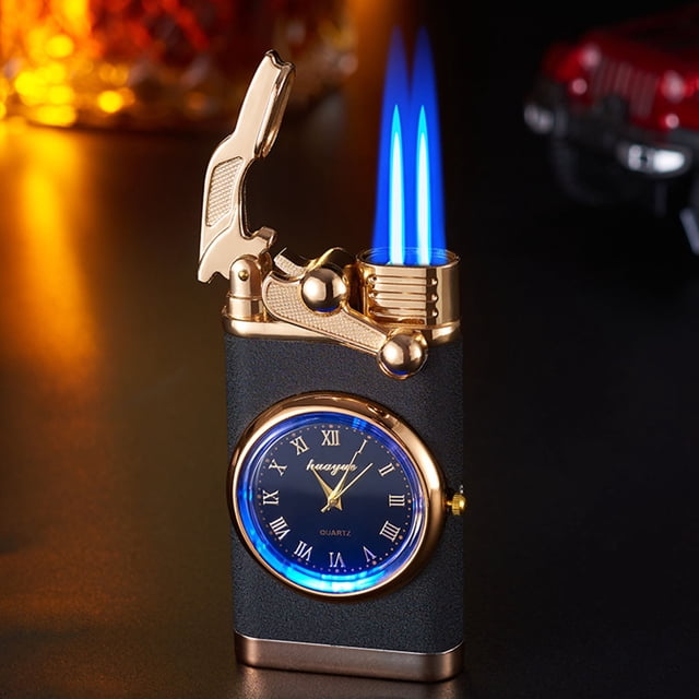 Openpig Inflatable Lighter featuring a unique combination of a plasma electric arc lighter and a functional luminous watch dial. The lighter has a sleek black and gold metal design with a visible blue flame, windproof functionality, and an adjustable flame size. The watch face displays Roman numerals and a glossy crystal mirror finish, offering both practicality and style. Ideal for camping, outdoor activities, or as a multifunctional accessory.
