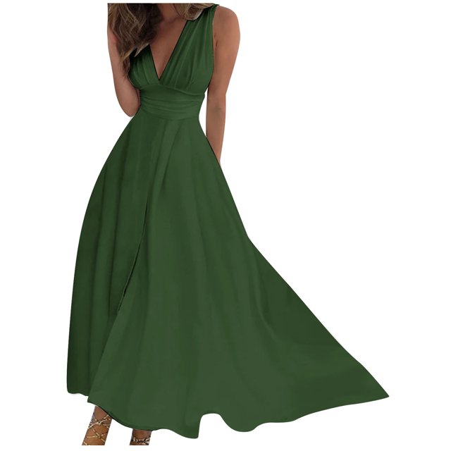 AherBiu Formal Dresses for Women Sleeveless Deep V Neck Ruched Flowy Evening Party Cocktail Maxi Dress