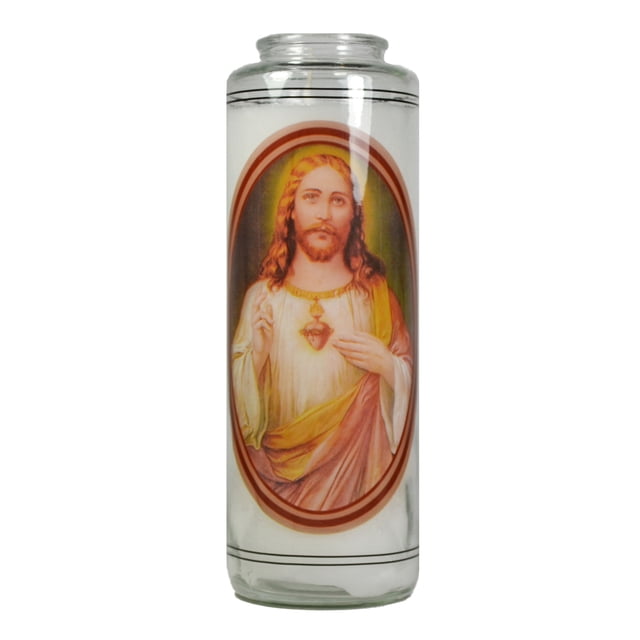 8" Religious Candle - Jesus in a clear glass jar with white paraffin wax, featuring a framed image of Jesus Christ in a yellow and red robe, designed to cast a stained glass effect when lit, unscented and long burning, ideal for spiritual home décor.