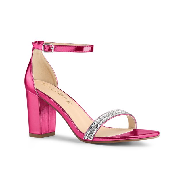 BLISSFUL STEP Women's Sandals Rhinestone Chunky Heel Ankle Strap Open Toe Party Shoes Hot Pink 9