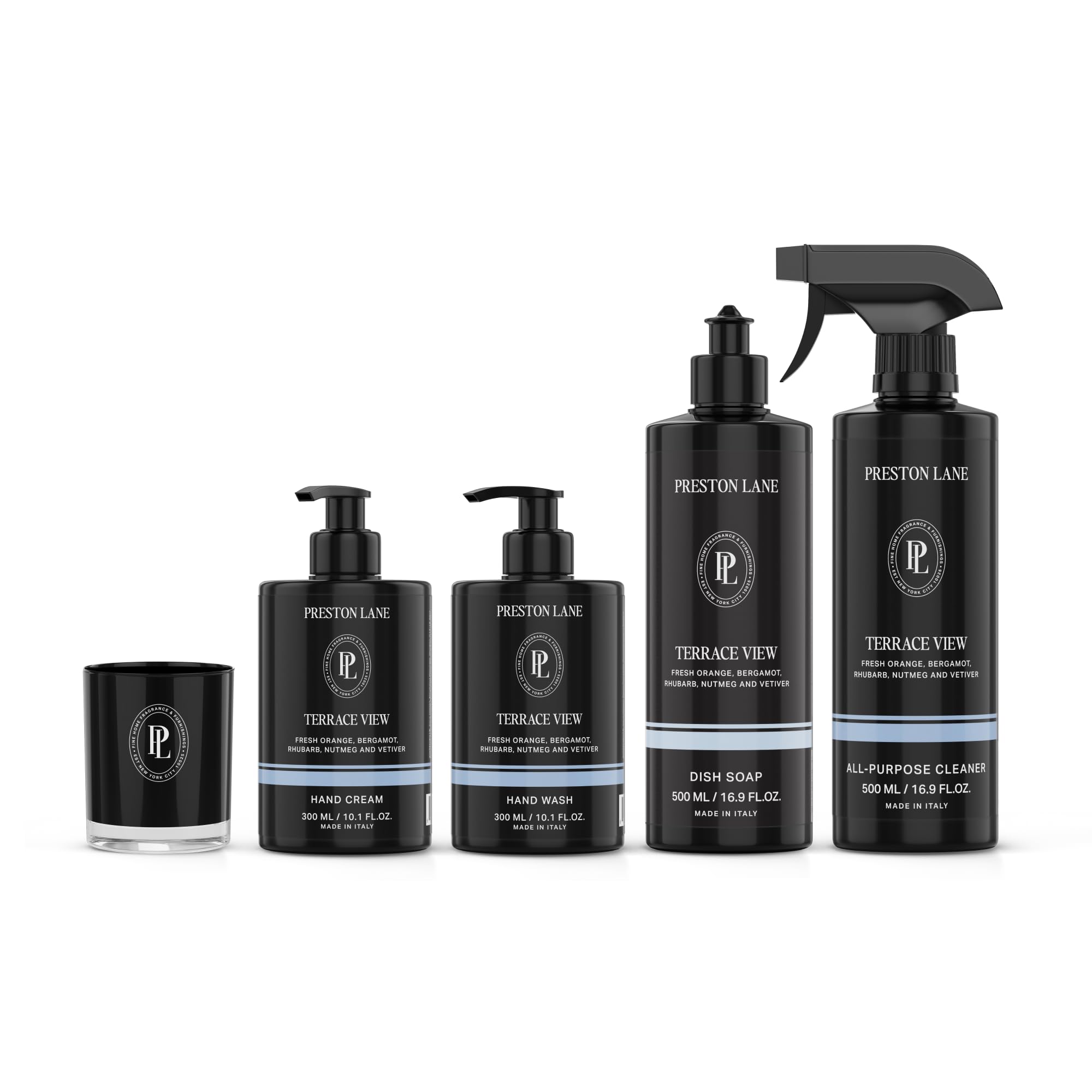 Preston Lane Signature Home Set &ndash; All Purpose Cleaner, Dish Soap, Hand Wash, Hand Cream & Scented Candle | Plant-Powered Cleaning & Care Essent