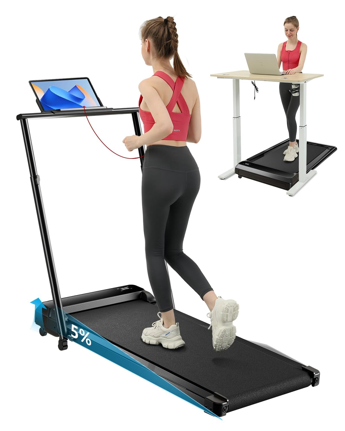 Walking Pad with Incline, 2.5HP Under Desk Treadmill for Home & Office, 2-in-1 Compact Walking & Jogging Machine with Remote Control & LED Display