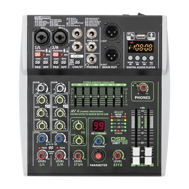 Mixeur Audio 4/6 Canaux Individuel 48V Phantom Power E 99 DSP Effets USB Lecture Ordinateur Podcast