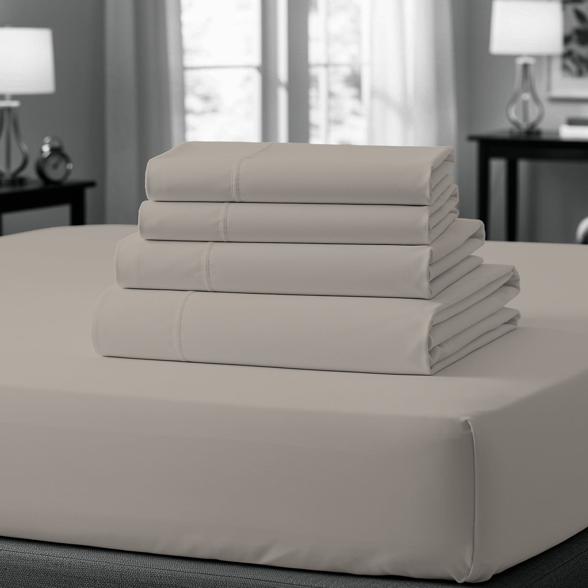 100 % Coton Draps de Lit, Poche Profonde, Résistant aux Plis, Satin Doux et Lisse 4 Pcs, Double Taupe par Purity Home