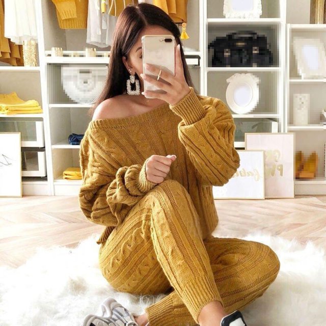 DPTALR Womens Solid Color Off Shoulder Long Sleeve Cable Knitted Warm Two-Piece Long Pants Sweater Suit Set