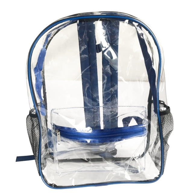 Dvkptbk Clear Backpack Transparent Backpack suitable for sports activities, concerts, festivals, and school supplies. This clear stadium-approved backpack features a durable vinyl plastic body with reinforced polyester seams and heavy-duty zippers. It includes a spacious main compartment, a front zippered pocket, and two mesh side pockets for beverage bottles. Compact size meets stadium guidelines for quick security checks. Blue accents on straps and zippers enhance its design.