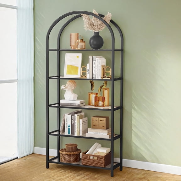 LEDREM Étagère d'Exposition Moderne à 5 Niveaux avec Cadre Métallique Robuste et Tablettes en Verre – Solution de Rangement Gain de Place pour Salon, Chambre, Bureau – Supporte 22 Lb par Tablette, Noir