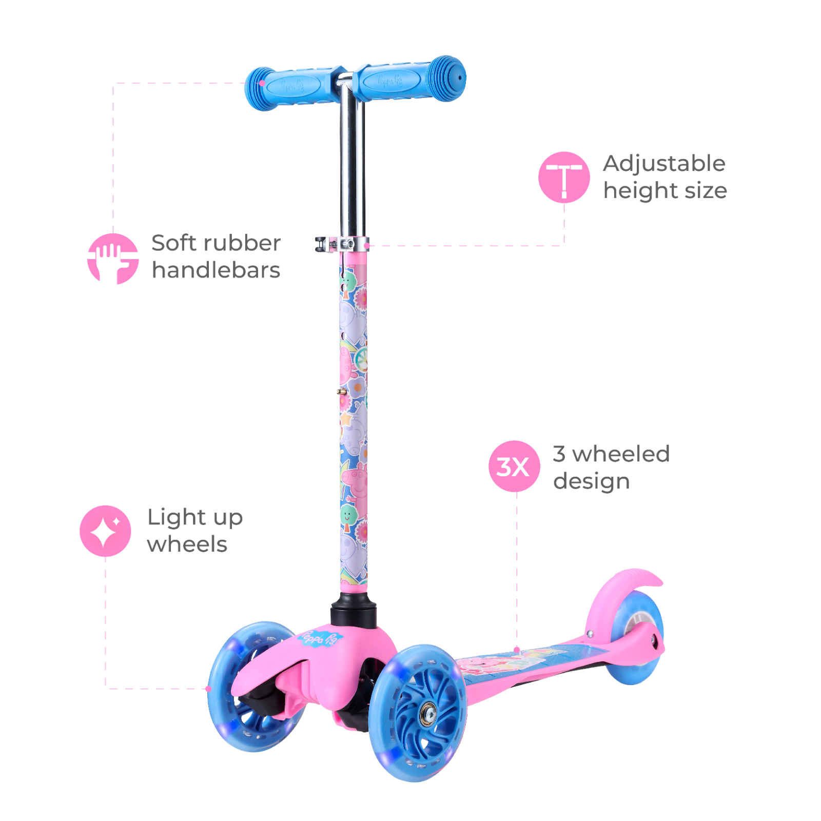 Peppa Pig 3-Wheel Light-Up Scooter for Kids w/ Adjustable Handlebar