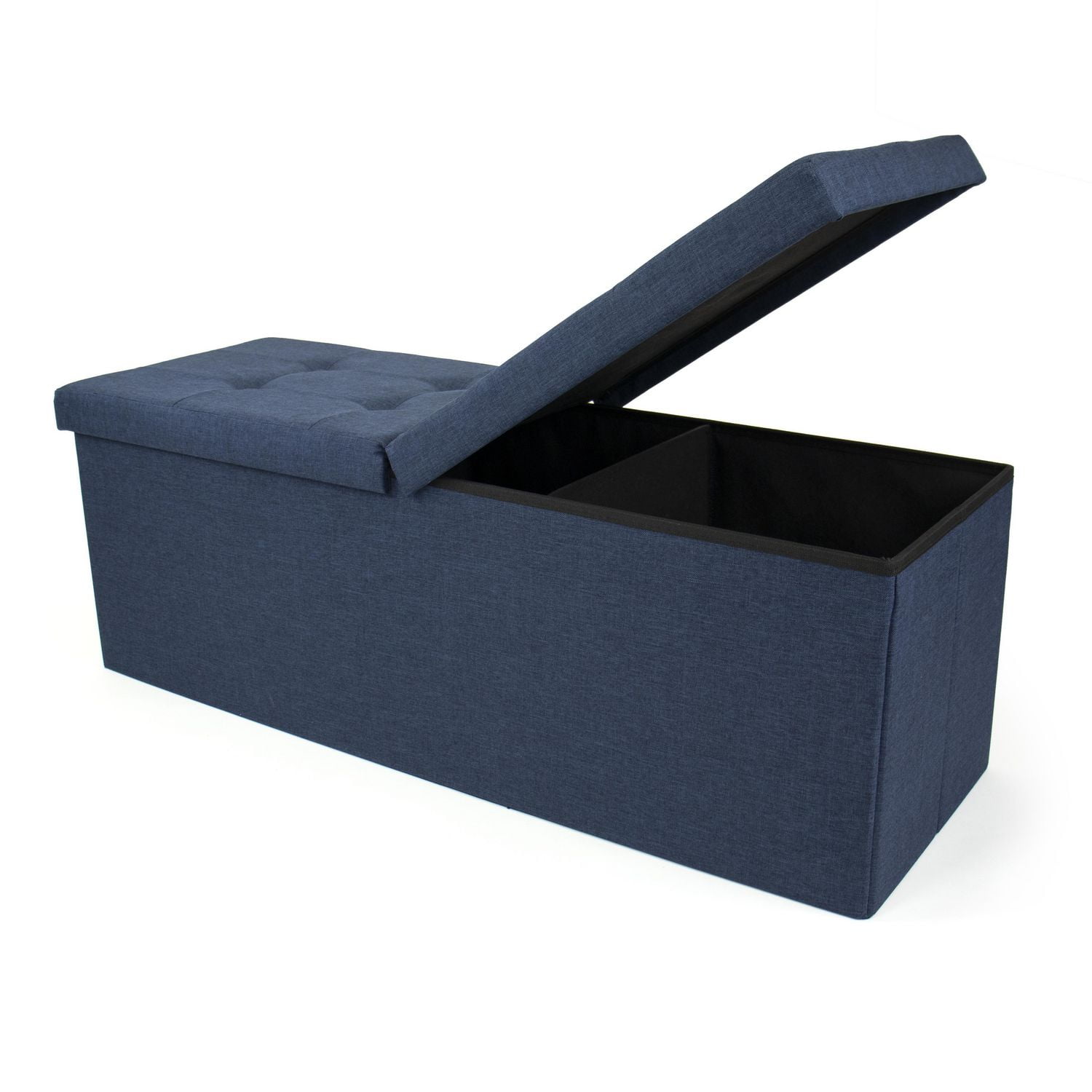 Banc de rangement pliant à couvercle rabattable capitonné Harper, 43 po, bleu