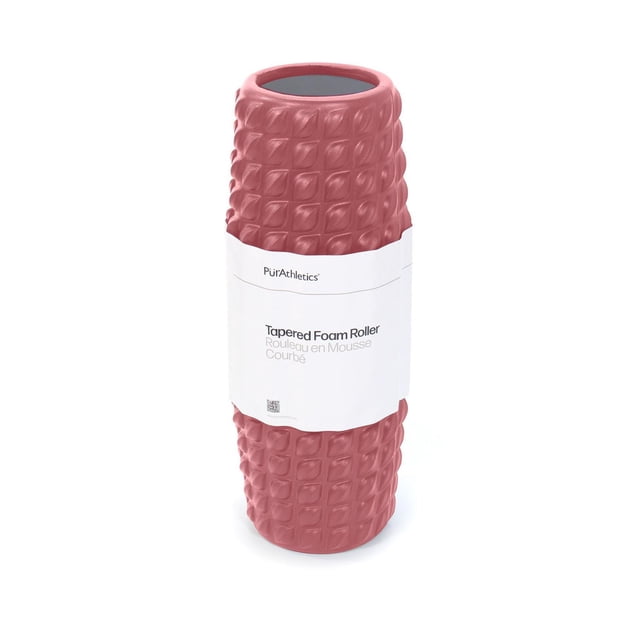 Rouleau en Mousse Effilée Purathletic en Mousse Rouge Texturée avec une Forme Profilée Effilée aux Deux Extrémités, Enveloppé d'Une Étiquette Blanche avec Marque et Nom de Produit, Debout sur un Fond Blanc, Conçu pour le massage des Tissus Profonds, la Récupération Musculaire et l'Amélioration de la Flexibilité.