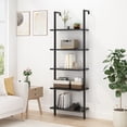 thumbnail image 1 of Ktaxon 5-Shelf Modern Bookshelf, Wall Mounted Wood Ladder Bookcase with Metal Frame, Black, 1 of 6