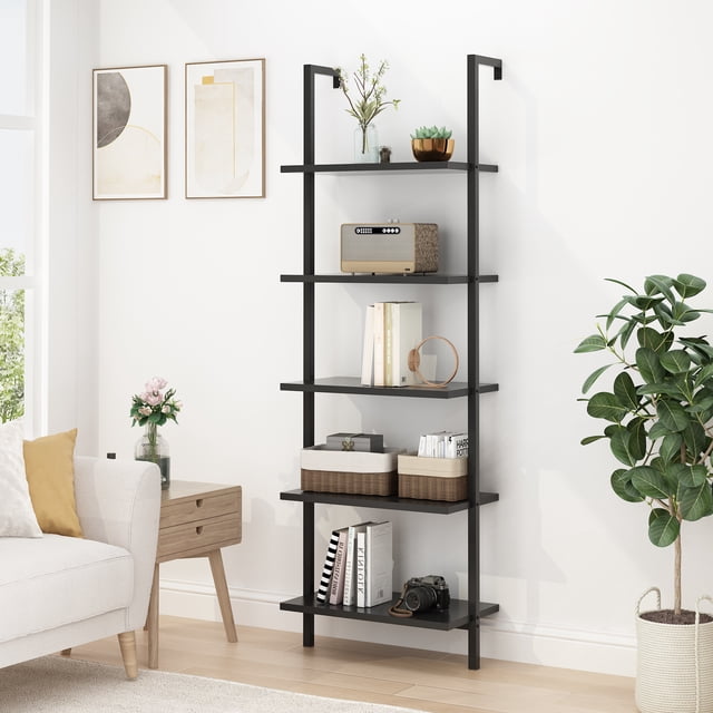 Ktaxon 5-Shelf Modern Bookshelf, Wall Mounted Wood Ladder Bookcase with Metal Frame, Black. A sleek, black ladder-style bookcase with five open MDF shelves supported by a sturdy metal frame. The bookshelf is mounted against a white wall in a living room setting, showcasing books, decor items, and plants. Dimensions are 23.62 x 11.81 x 70.87 inches (60 x 30 x 180 cm), with 11.22 inches between each tier. Ideal for living rooms, bedrooms, or offices.
