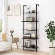 Ktaxon 5-Shelf Modern Bookshelf, Wall Mounted Wood Ladder Bookcase with Metal Frame, Black