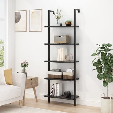 Ktaxon 5-Shelf Modern Bookshelf, Wall Mounted Wood Ladder Bookcase with Metal Frame, Black