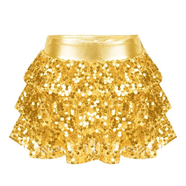 YONGHS Jupe Tutu à Paillettes pour Filles, Jupe de Danse à Volants, Robe de Ballet Dorée 12