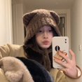 thumbnail image 4 of Ear Protection Lace-up Winter Hat Women Solid Color Bear Ear Decor Knitted Hat Daily Accessories, 4 of 10