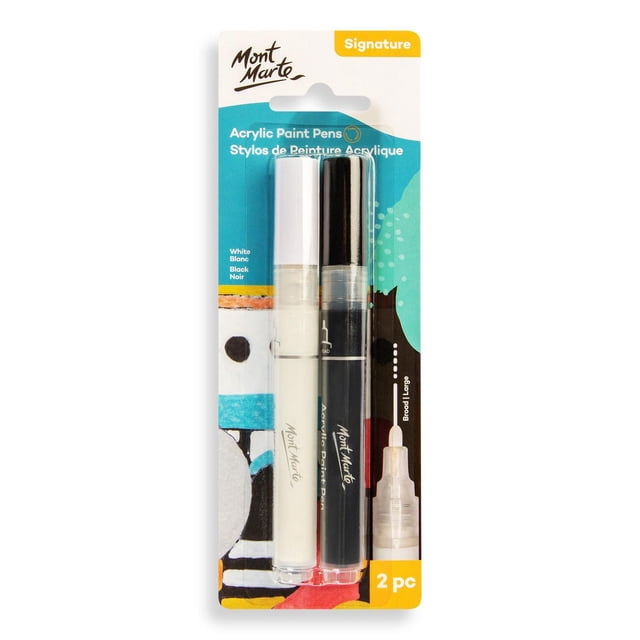 MONT MARTE Acrylic Paint Pens, Black & White, 2 pcs, Broad Tip, in clear blister pack with colorful abstract background, featuring one white and one black pen with pump-action nibs for bold, opaque acrylic paint on canvas, paper, wood, and sealed surfaces, ideal for craft accents and signage.