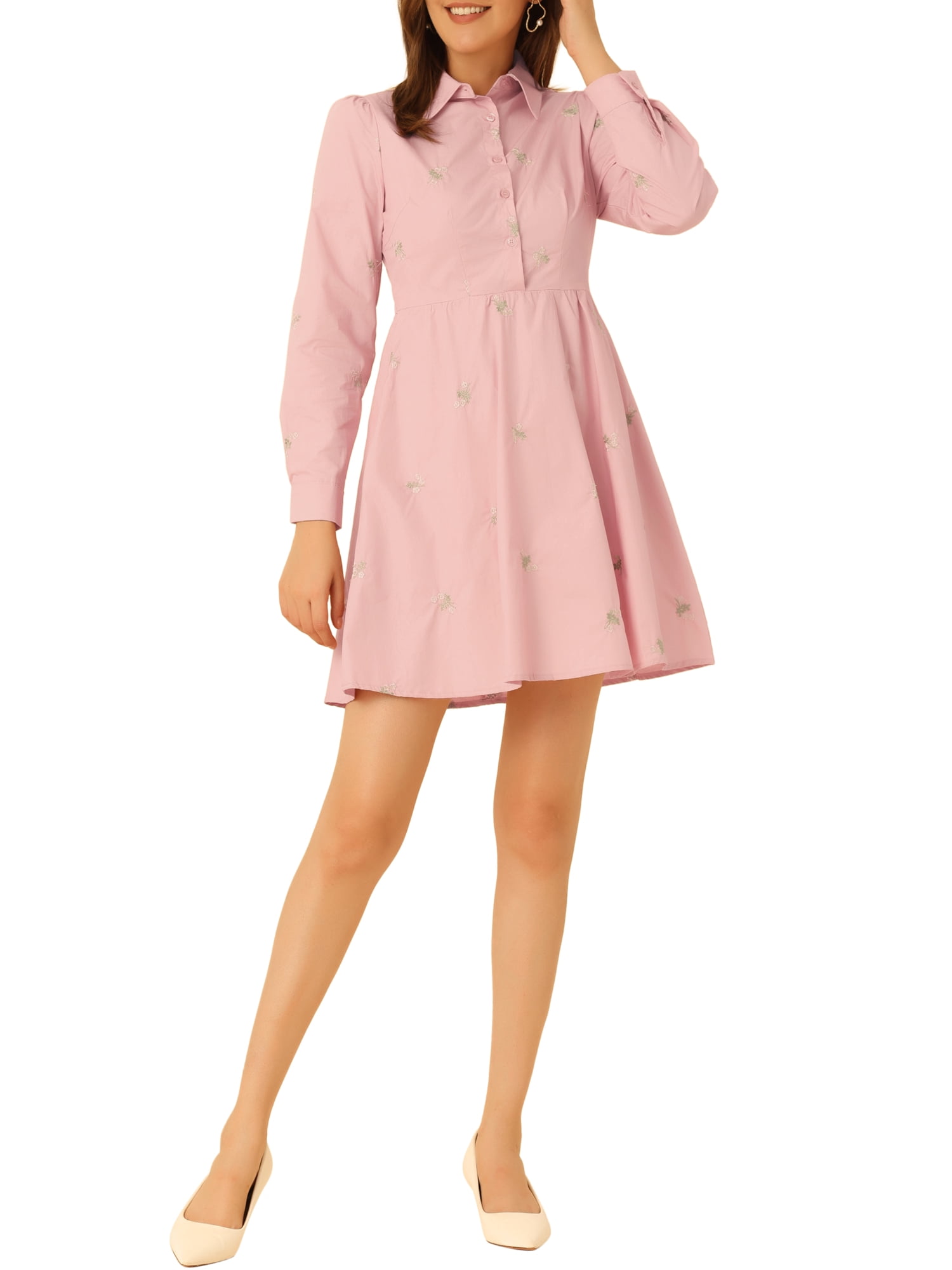 INSPIRE CHIC Robe pour Femme Manches Longues Col Rabattu Boutonnée Mini-Robe Chemise Florale S Rose