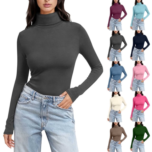 Wlynlyn Chandails à Manches Longues pour Femmes Col Roulé Ajustés Couche de Base Chandails Mode d'Automne Basiques sous-Vêtements Thermiques Hauts