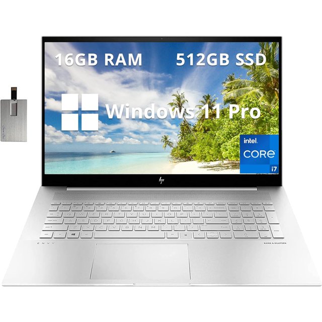 HP Envy 17.3" FHD Laptop, Intel Core i7-1260P, 16GB RAM, 512GB SSD, Backlit Keyboard, Intel Iris Xe Graphics, Fingerprint Reader, Webcam, Windows 11 Pro, Silver, 32GB Hotface USB Card (Renewed)