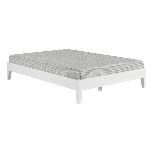 Steve Silver Nix Full White Wood Platform Bed crafted from kiln-dried solid pine with a clean-lined, modern design. Features include a 28-slat dual-zone system for mattress support without a box spring, 6.5-inch under-bed clearance for storage, and felt leg bottoms to protect floors. Suitable for modern, coastal, farmhouse, or transitional bedroom styles. Dimensions: 55.47 inches long, 74.5 inches deep, and 12.24 inches high. Supports up to 650 pounds.