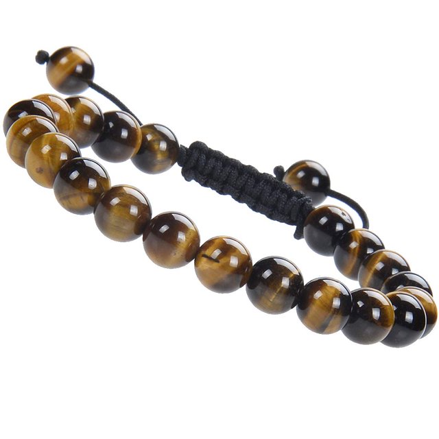 Natural Healing Power Gemstone Crystal Beads Unisex Adjustable Macrame Bracelets 8mm,Tiger Eye, 8MM