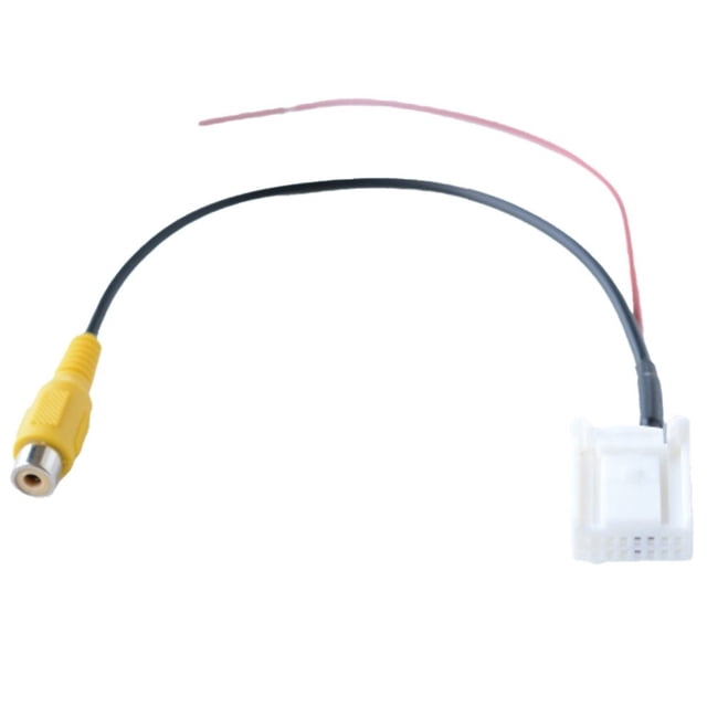 For Hyundai for Kia Reverse Camera Connector for RCA Into 16 Pin Input Cable 20cm ABS reverse camera adapter cable, front-facing view showing 16-pin rectangular radio plug and inline RCA video connector with molded strain relief and locking tab on a black jacket, waterproof design per specs, fits Hyundai Tucson 2014–2017, Santa Fe 2013–2015, Sonata 2015–2017 and Kia Ceed/Pro_Ceed/K4/K5/Sportage models; often used as a temporary test hookup when installing an aftermarket reversing camera.