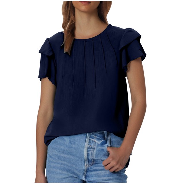Plebaso Hauts d'Été pour Femmes à Volants Manches Courtes Blouses Décontractées Col Rond Couleur Unie Chemises Amples pour Femmes