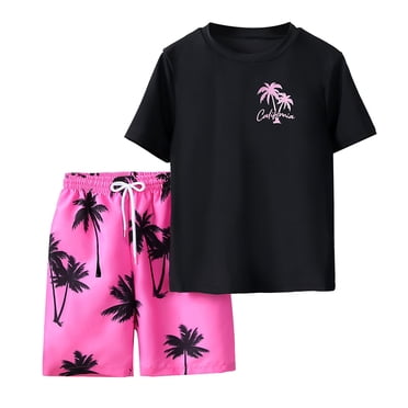 Sunnyoo Boy's Swimsuit Short Sleeve Swim Shirt & Board Shorts Beach Bathing Suit, Sizes 7-12