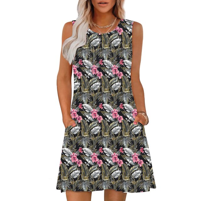 Ovzne Robes pour Femmes Robe d'Été pour Femmes Imprimé Sans Manches Col Rond Aguichant Élégante Boîte de Nuit Fête Tunique Mini Robes Robe Décontractée Vacances Robe d'Été Imprimée Liquidation