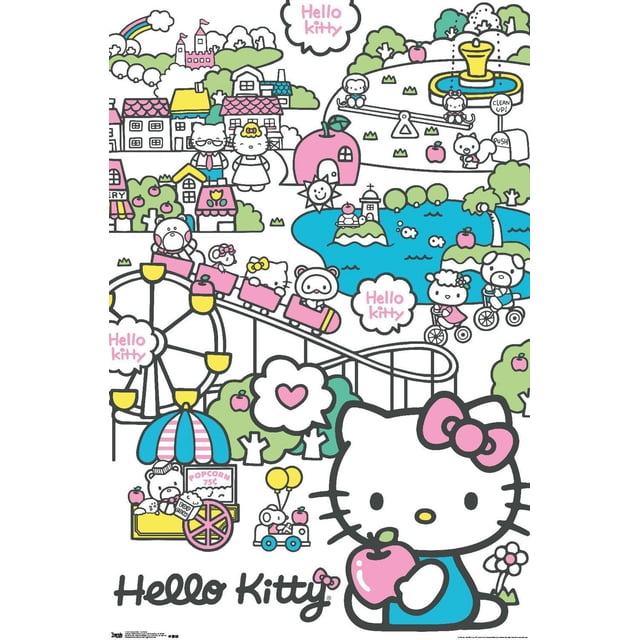 Hello Kitty: 19 Parc d'Attractions - Affiche Murale de Carnaval, 22,375 Po x 34 Po Présentant une Scène de Parc d'Attractions de Dessin Animé Brillante et Haute Résolution avec des Personnages Hello Kitty Chevauchant des Montagnes Russes, Faisant du Vélo et Jouant Près d'Un Étang, Convient à l'Art Mural et à la Déco de Pièce dans les Chambres Ou les Chambres d'Enfants.